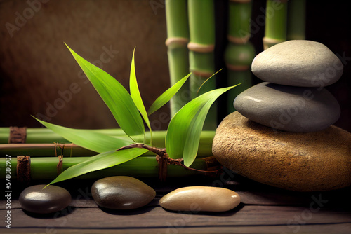 Spa background with stacked stones and bamboo. Generative Ai.