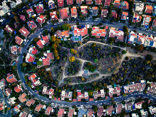 Landscape shot from a drone on the sleeping area of the city.