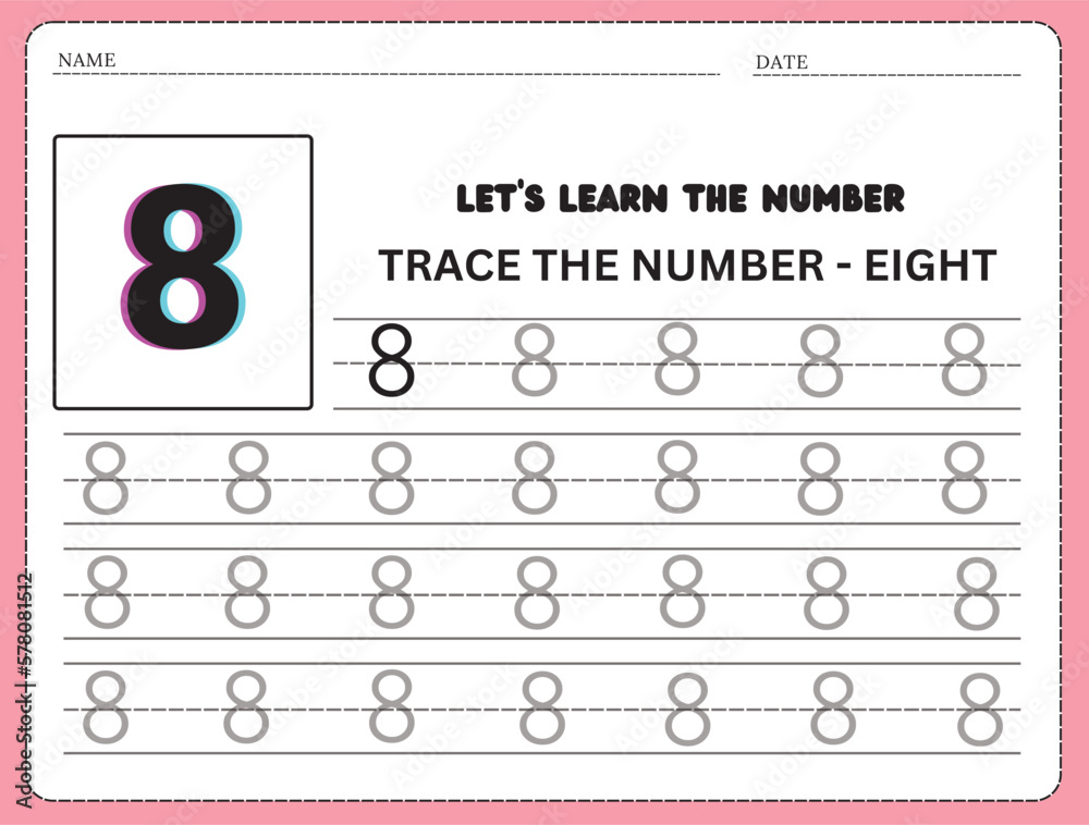 Trace and write the number 8 handwriting practice learning numbers