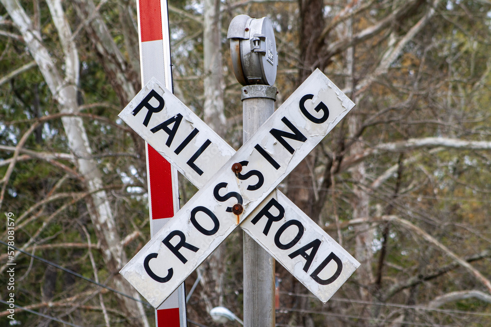 Vintage crossing signal, crossbuck at railroad crossing. Traffic signal ...