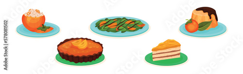 Persimmon Fruit as Ingredient in Fresh Food Vector Set