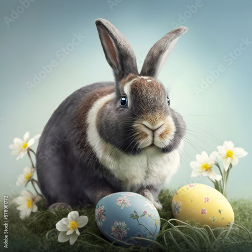 Easter Bunny next to eggs and flowers. Festive spring concept with rabbit. Generative AI