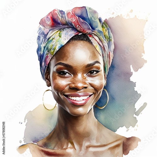 fashion afro model with hair wrap scarf, watercolor illustration for advertising, marketing cosmetics, summer, clothing, skin care photo