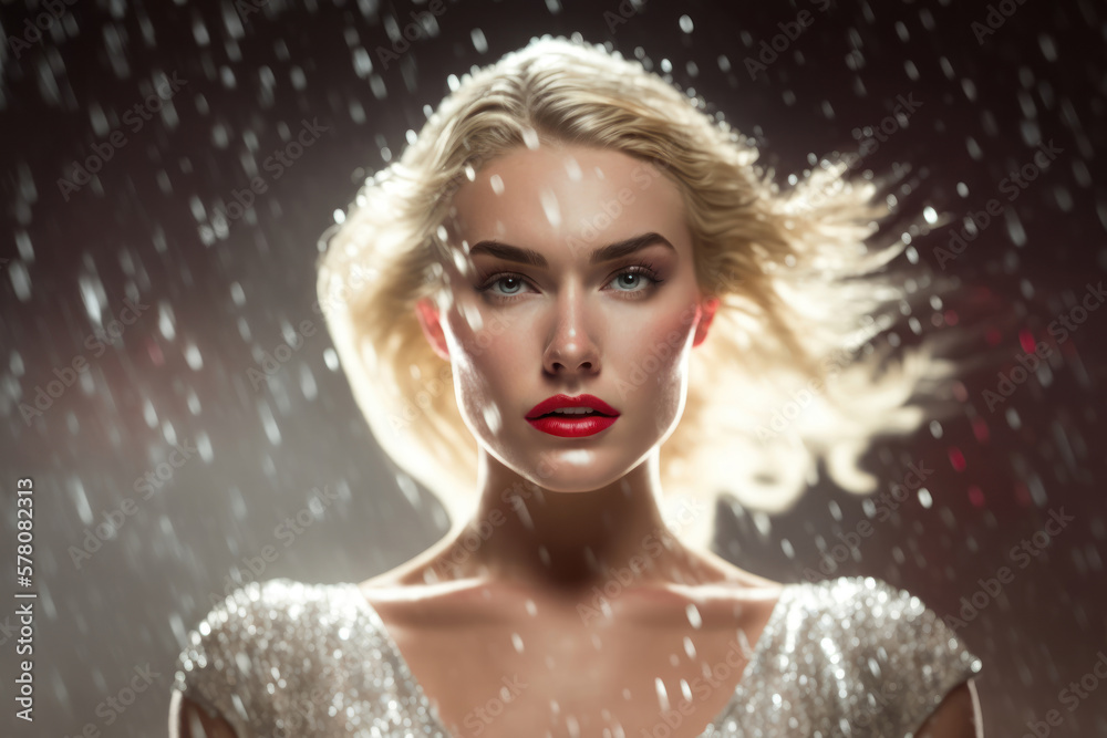 Beautiful blonde woman in a sparkling dress made of rhinestones in the rain. Old Hollywood diva. Photorealistic illustration generative AI.