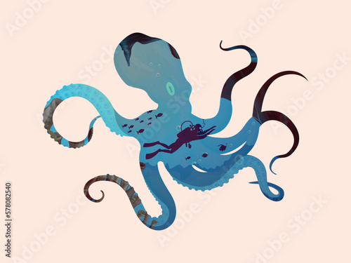 Seascape inside silhouette animal, underwater scape sea octopus animals vector illustration.