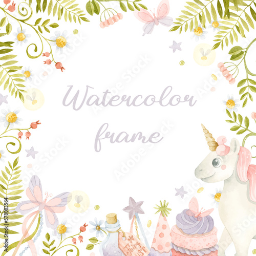 Floral watercolor frame with unicorn, fairy dust, birthday cap and cake