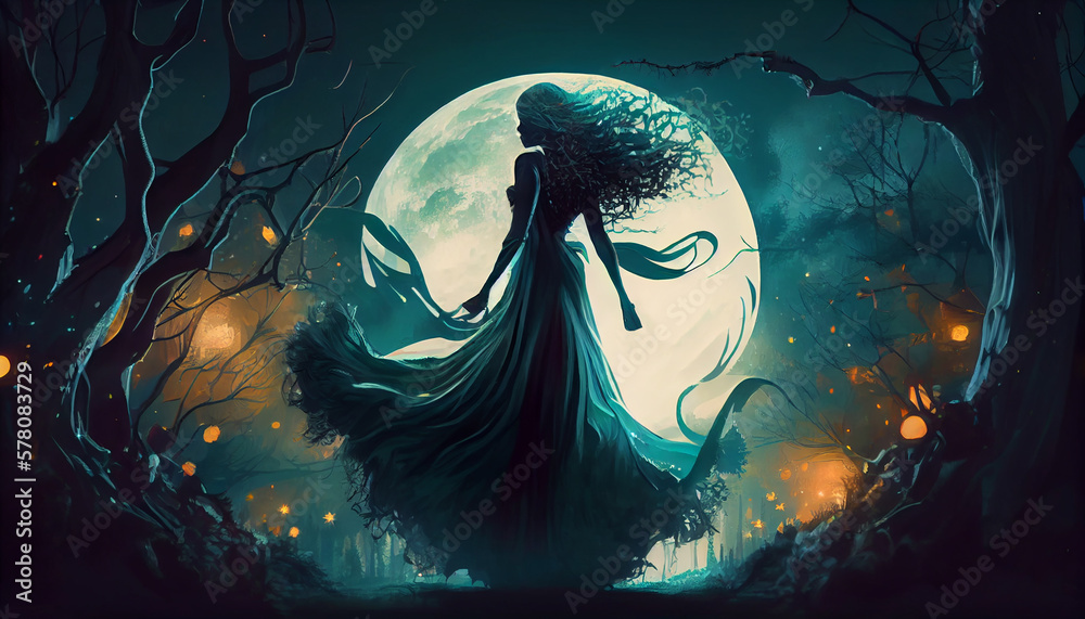Beautiful witch dancing in forest under moon.