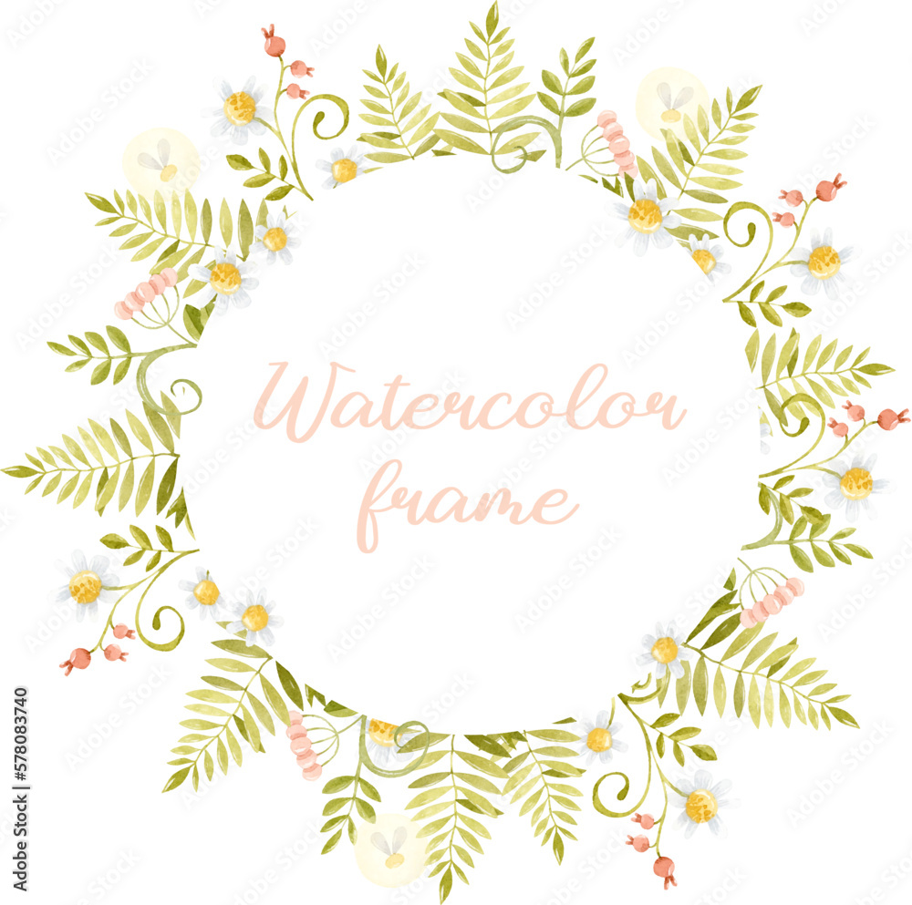 Watercolor ferns, chamomiles and berry branches round frame