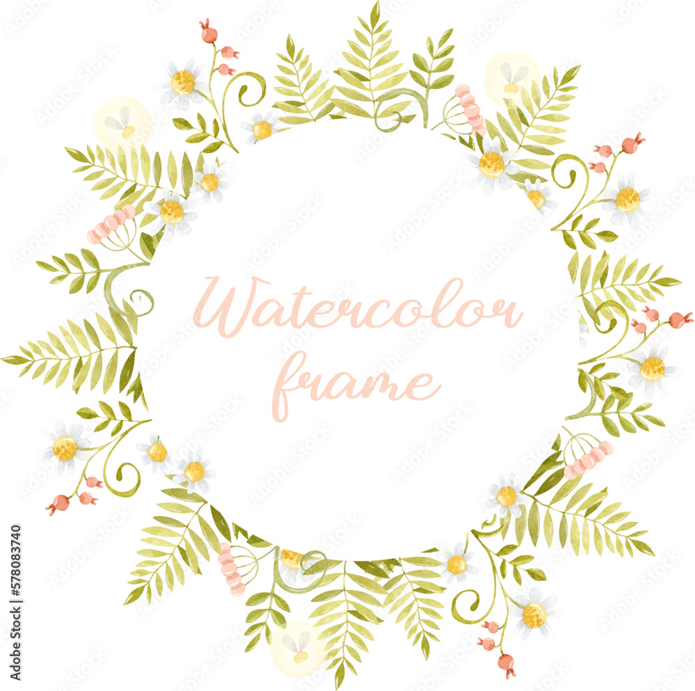 Watercolor ferns, chamomiles and berry branches round frame Watercolor ferns, chamomiles and berry branches round frame