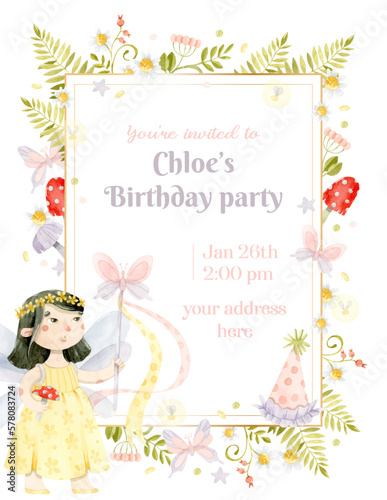 Watercolor birthday frame with botanical elements, Asian fairy girl, birthday cap and butterfly. Invitation template
