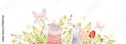 Watercolor cake with cream, fairy dust bottle, butterfly, ferns and mushrooms banner
