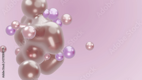 3D render animation motion design presentation background wallpaper metasphere. Pink purple abstract meta sphere liquid shape moving deformation transition to meta balls bubbles drops pearls molecules