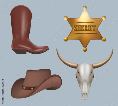 Wild west. Cowboy realistic items money hat weapon skull boots decent vector templates