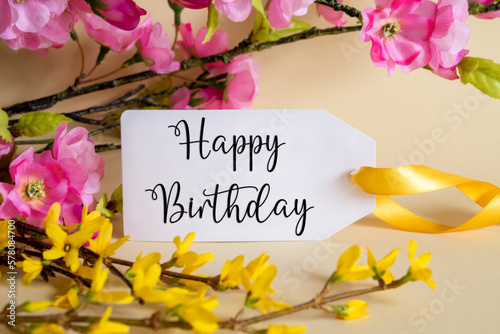 Spring Flower Decoration, Label With English Text Happy Birthday