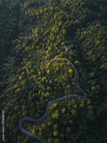Aerial view of countryside road passing through the green forrest and mountain