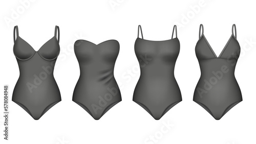 Woman swimsuit. Fashioned female sleeveless bodysuit decent vector realistic illustration mockups set