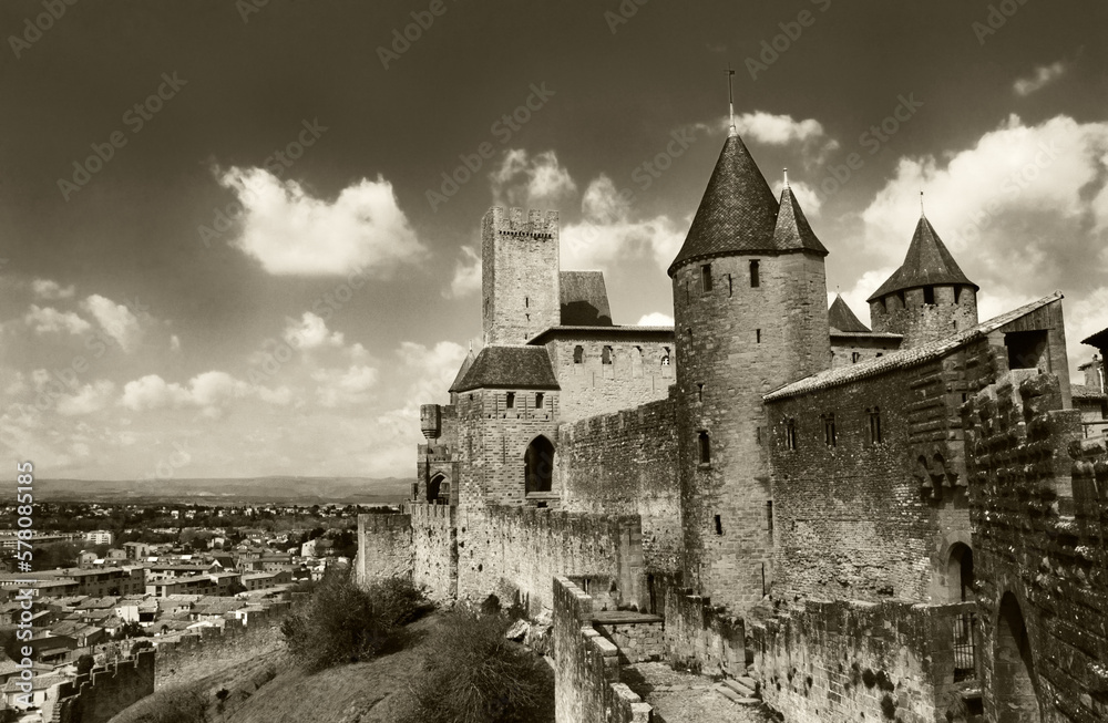 Castle of medieval town of Carcassonne, France. Unesco world heritage site. View from walls. Sepia historic photo