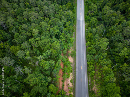 Aerial view road going through forest, Road through the green forest, Aerial top view car in forest, Texture of forest view from above, Ecosystem and healthy