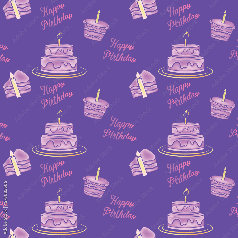 Purple background with pink birthday cake and the words happy birthday on the top.