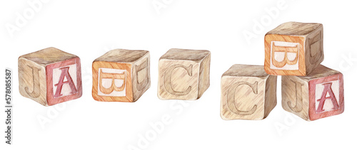 Watercolor vintage illustrations with childrens wooden cubes with letters and pyramid Isolated on white background.