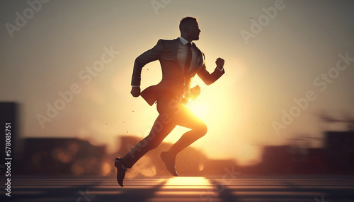 silhouette of a Business man running on the street at sun set