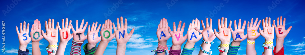 Children Hands Building Word Solution Available, Blue Sky Children Hands Building Word Solution Available, Blue Sky