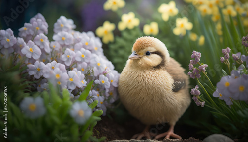 "Easter Chicken in a Spring Garden" - a charming wallpaper background featuring an image of a cute Easter chicken surrounded by blooming flowers and lush greenery © Kaare