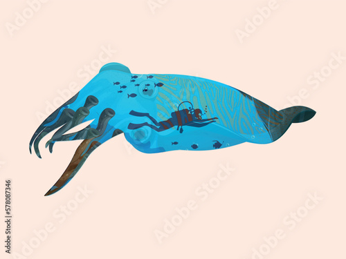 Seascape inside silhouette animal, underwater scape sea cuttlefish squid vector illustration.