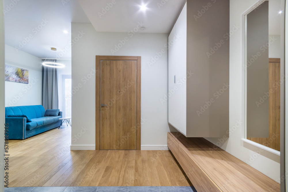 Obraz premium The interior of the hallway is in light gray tones with a hanging wardrobe and a mirror. .The floor is finished with brown laminate.