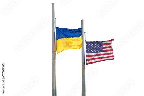 Ukraine Ukrainian flag and US USA flags on poles isolated on white background