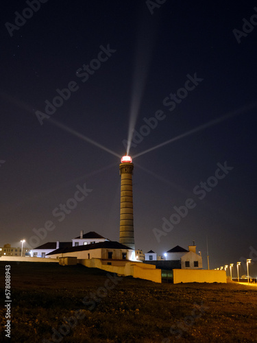 View of the lighthouse of Leça (Farol de Leça) building on Atlantic ocean coast in Leça (Matosinhos), Portugal