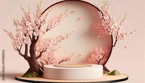 Beautiful background of sakura and coasters. Spring, perfume, 3d. High quality illustration © NeuroSky