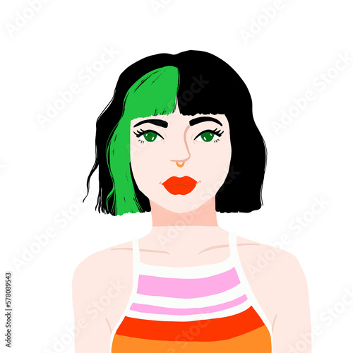 Girl with color block hair and earring in nose