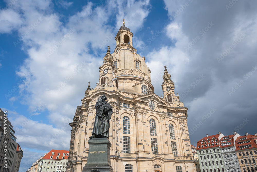 Frauenkirche Church and Martin Luther Statue at Neumarkt Square - Dresden, Soxony, Germany Frauenkirche Church and Martin Luther Statue at Neumarkt Square - Dresden, Soxony, Germany