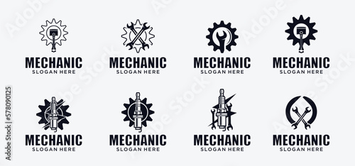 Mechanical technology logo, gear and piston combination logo symbol. engine parts