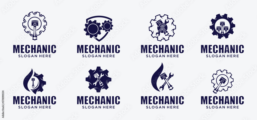 Mechanical technology logo, gear and piston combination logo symbol. engine parts Mechanical technology logo, gear and piston combination logo symbol. engine parts