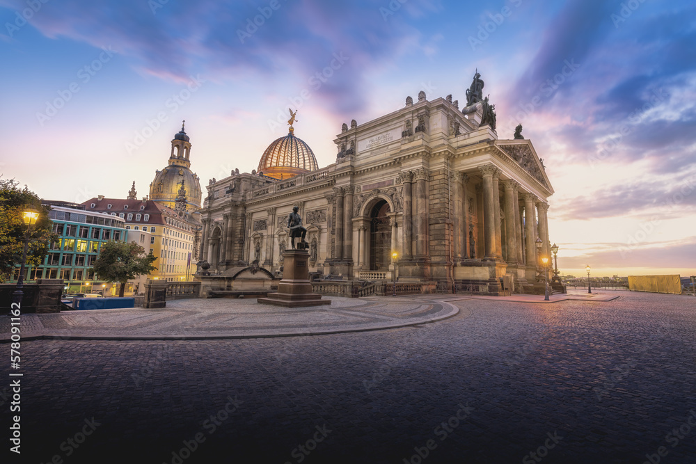 Bruhls Terrace at sunset with Dresden Academy of Fine Arts and Frauenkirche Church - Dresden, Saxony, Germany