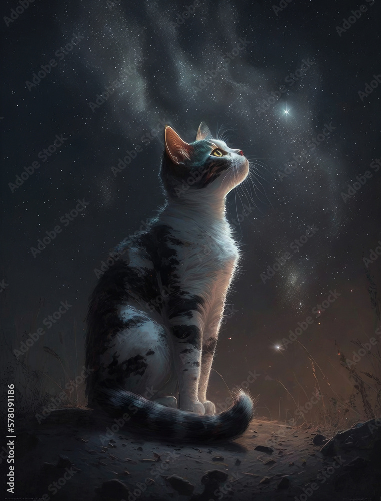 The cat sits on the ground and looks up at the starry sky, created with Generative AI technology.