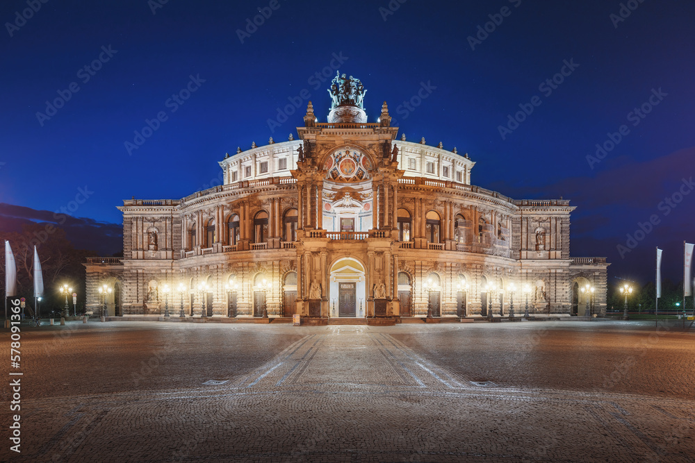 Semperoper Opera House at Theaterplatz at night - Dresden, Soxony, Germany