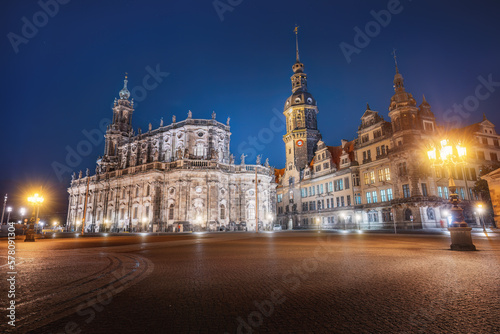 Catholic Cathedral and Dresden Castle (Residenzschloss) at night - Dresden, Saxony, Germany