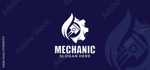 Mechanical technology logo, combination gear oil logo symbol, gear and piston, engine parts.