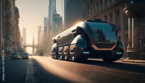 Generative AI of a future electric car driving on the road in the city