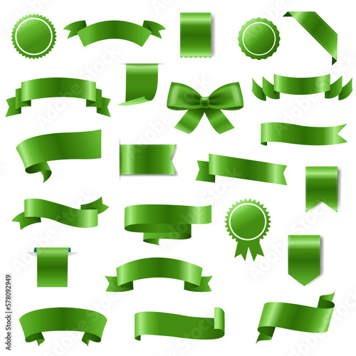 Set Green Silk Ribbons Isolated