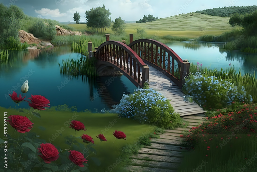 Landscape with bridge over a blue lake Landscape with bridge over a blue lake