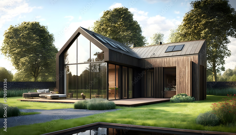 Obraz premium Ultra-modern Architect-designed luxury barn house, light brown wood and brown stone, dark glass with a sleek modern design featuring a flat pitched roof, located in a landscaped garden