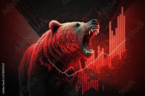 Bear with mouth open, with crypto chart in the red background, bear market, generative ai