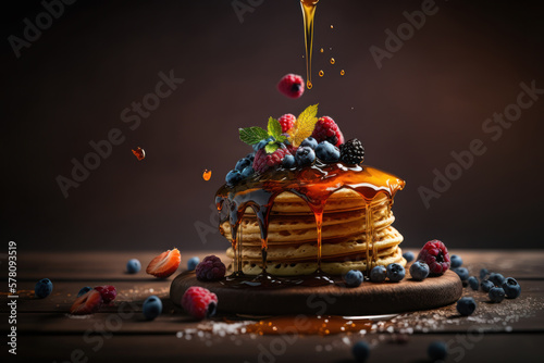 Pouring maple syrup on delicious pancakes and lots of berries, Generative AI