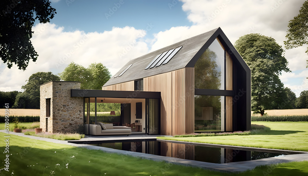 custom made wallpaper toronto digitalUltra-modern Architect-designed luxury barn house, light brown wood and brown stone, dark glass with a sleek modern design featuring a flat pitched roof, located in a landscaped garden