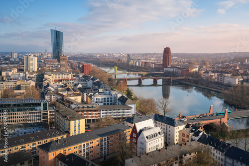 Aerial view of Main River Skyline with ECB Tower  European Central Bank  and Main Plaza Building - Frankfurt  Germany