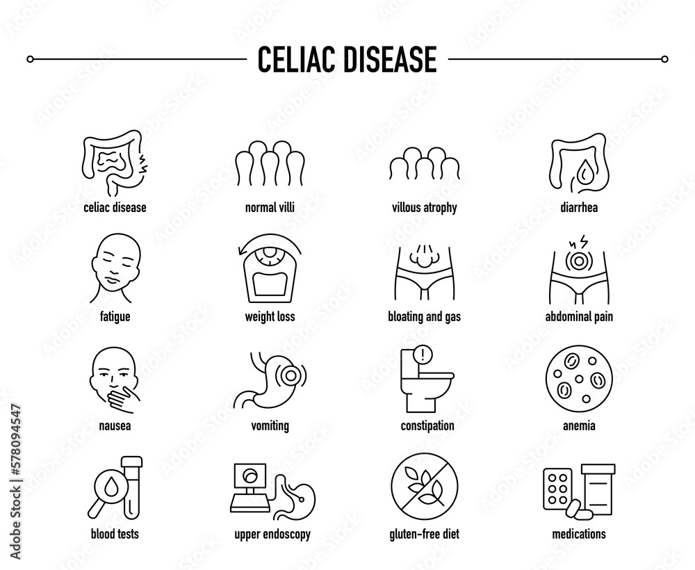 Celiac Disease symptoms, diagnostic and treatment vector icon set. Line editable medical icons.